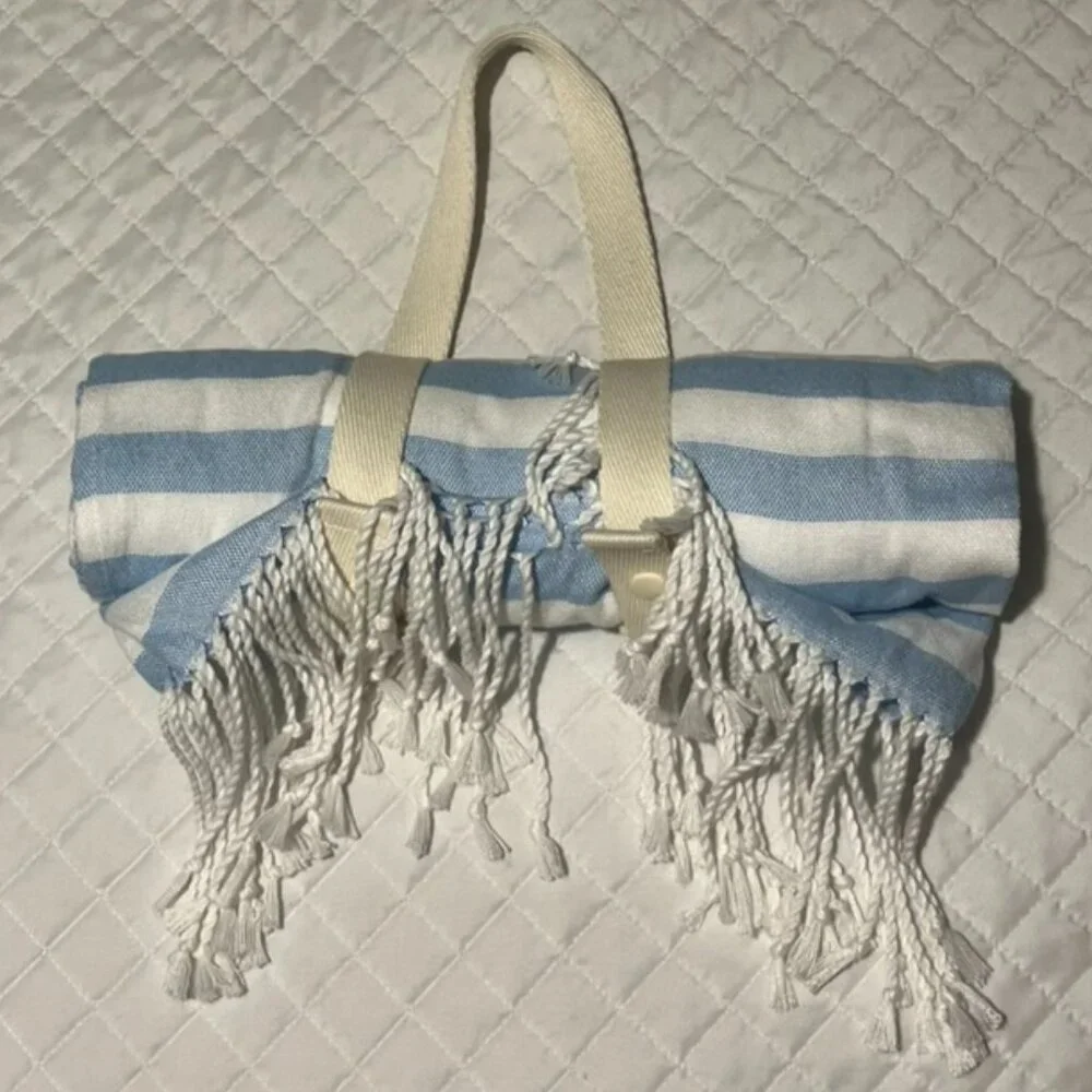 Victoria’s Secret Beach Towel Blanket | Blue & White Striped | With Carry Holder